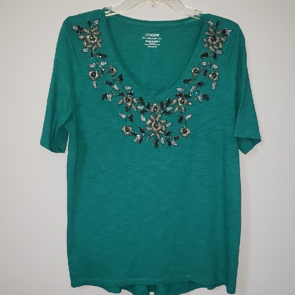Chico's Ultimate Tee Womens M Green Bead Embellished V Neck S/S Top Oversized